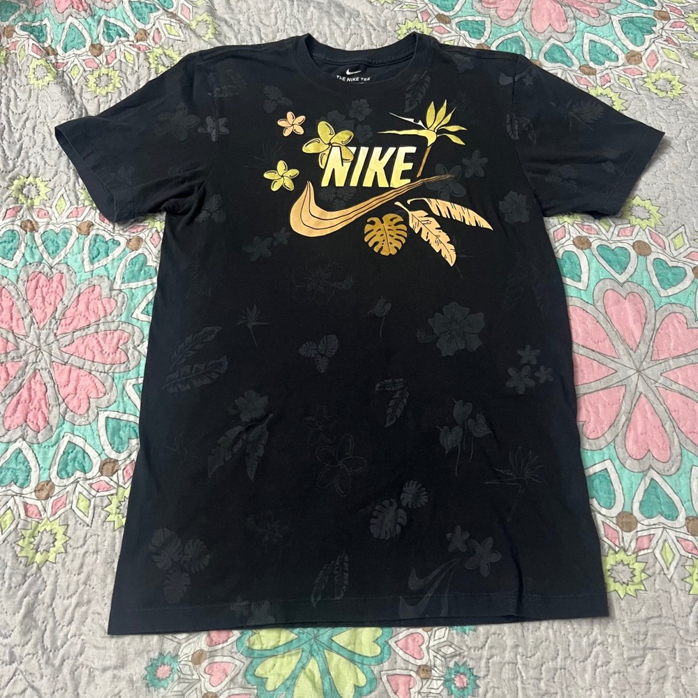 Nike Mens Black Gold Tropical Floral Graphic T-Shirt Small Short Sleeve Tee